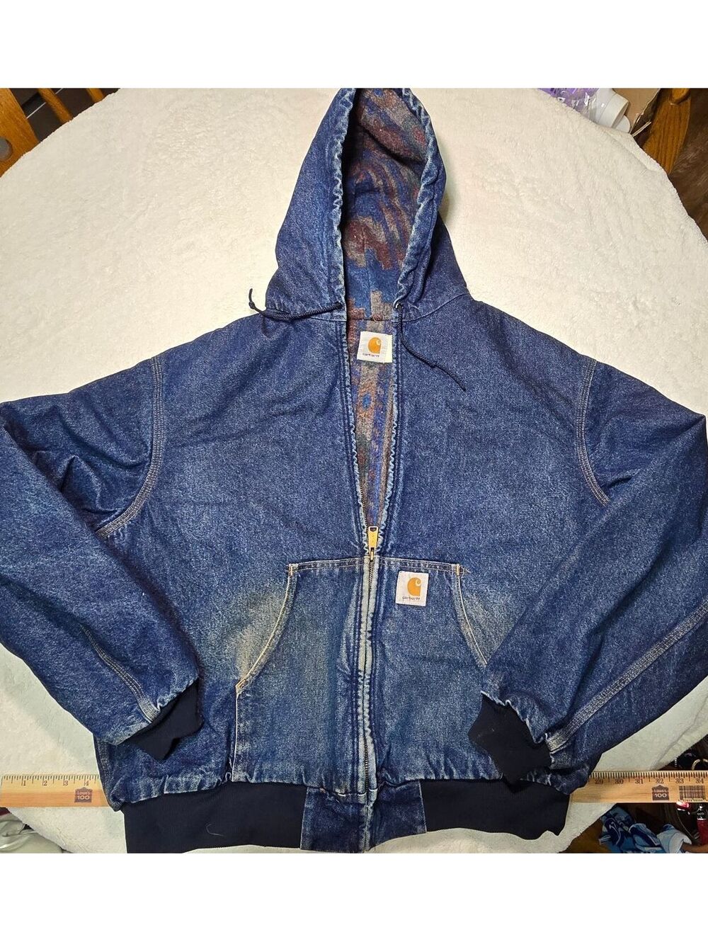 Vtg 90s Carhartt JB848 Denim Aztec Blanket Lined Jacket 2XL Boxy Streetwear